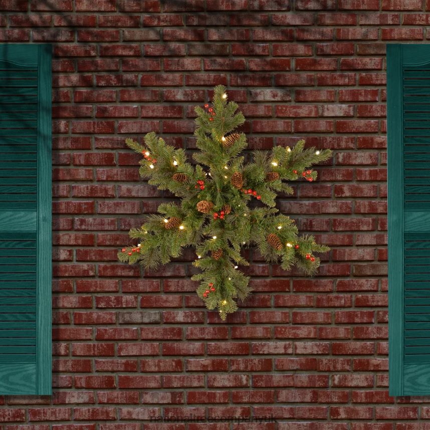 Greenery | National Tree Company Pre-Lit Artificial Christmas Hanging Snowflake Green Crestwood Spruce Decorated with Pine Cones Berry Clusters Christmas Collection 32 Inches F2L4F465